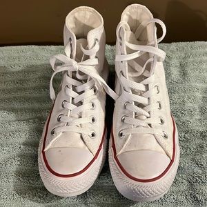 Good Condition-  Pre Owned White Converse with red and blue trim